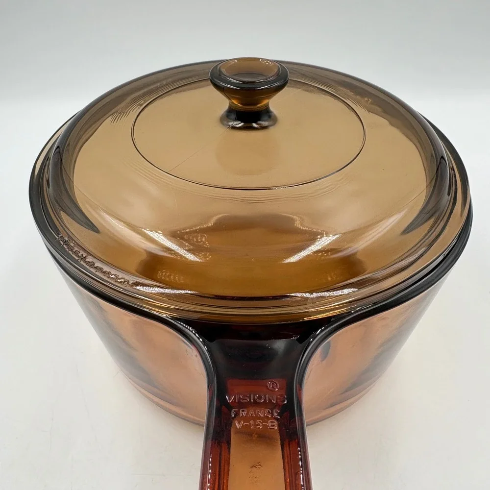 Visions Corning Saucepan 1.5L Amber Glass Pot France V-15-B Good Vintage MCM